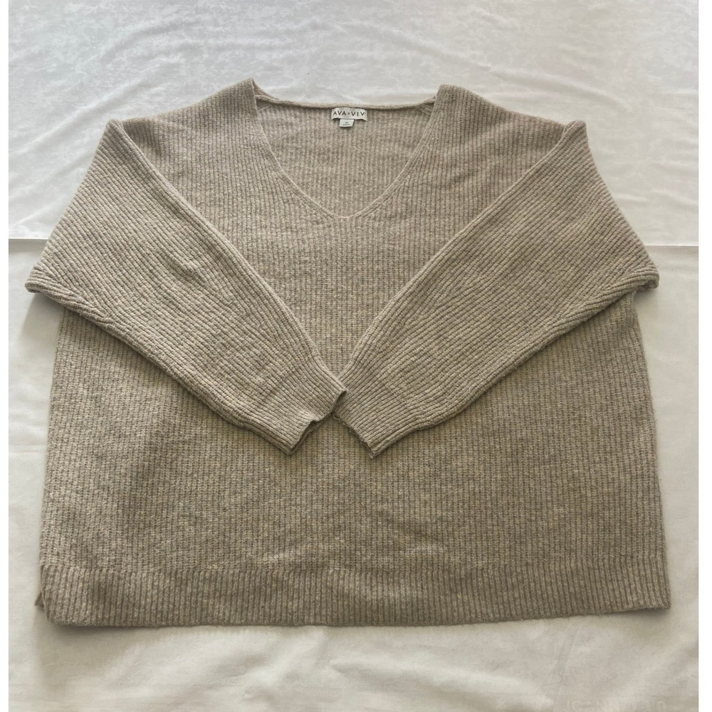 AVA & VIV Womens 2X V Neck Ribbed Sweater Beige Recycled Polyester Blend‎